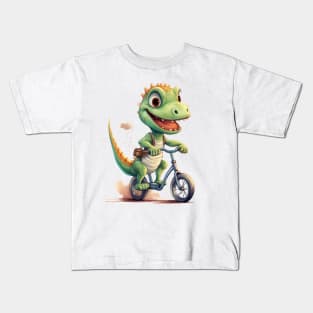 Baby dinosaur riding a bike Kids T-Shirt